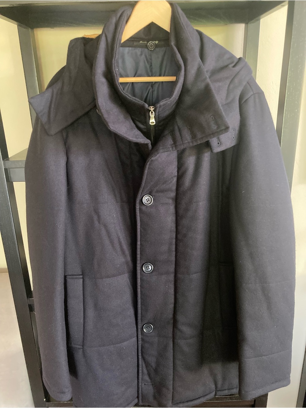 Piattelli Barney’s New York Men's Navy Wool Cashmere Blend  Coat with hood
